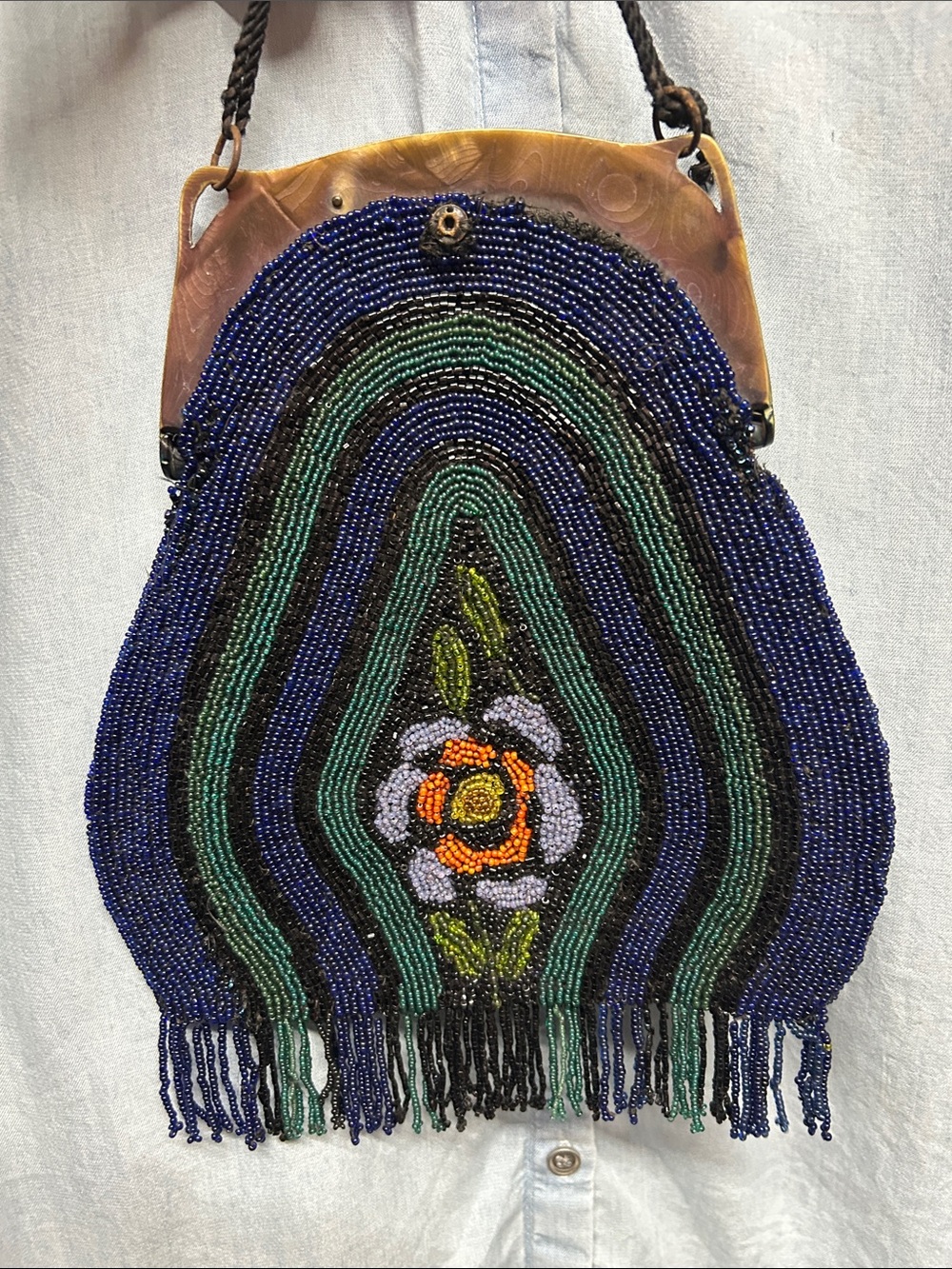 Vintage Beaded Floral Fringe Handbag in Navy, Green, Orange - Picture 4 of 10
